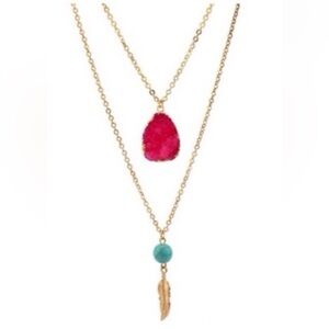 2/$15 - Boho Double Layer Necklace | Pink & Gold Feather Pendant Necklace | NWT